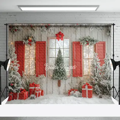Classic Red Snowy Trees Christmas Living Room Backdrop - Aperturee