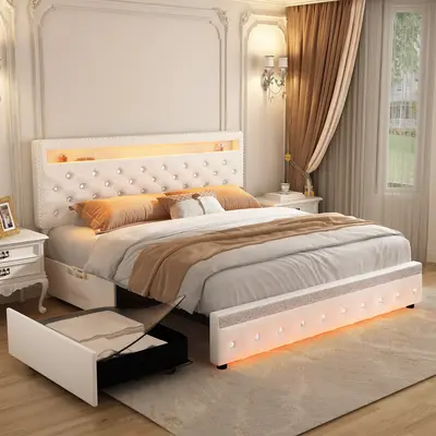 Sibeds Queen Bed Frame with LED Lights Headboard Footboard, Modern Metal Platform Bed Frames Queen Size with Storage Drawers,...