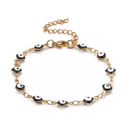 Enamel Rhombus with Evil Eye Link Chains Bracelet