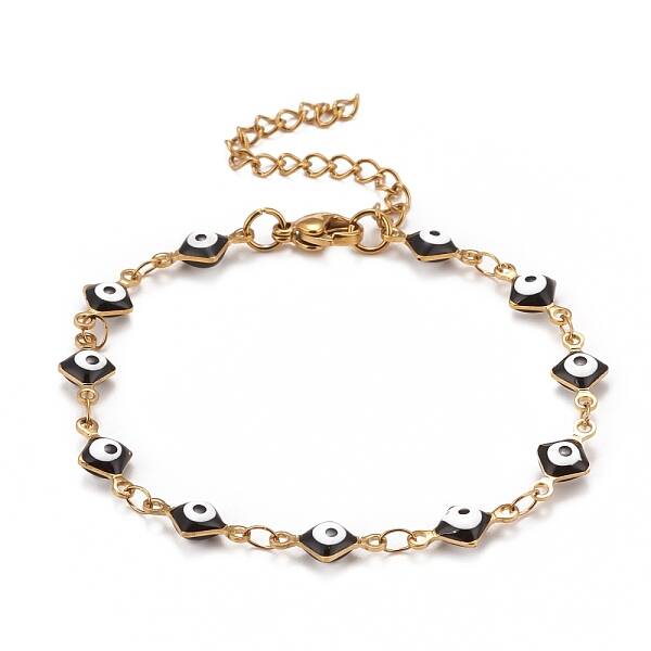 Enamel Rhombus with Evil Eye Link Chains Bracelet