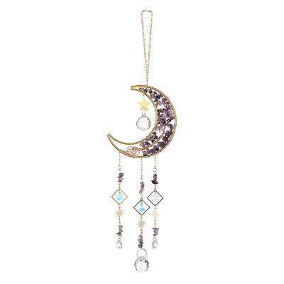 Natural Amethyst Chip & Brass Moon Hanging Suncatcher Pendant Decoration