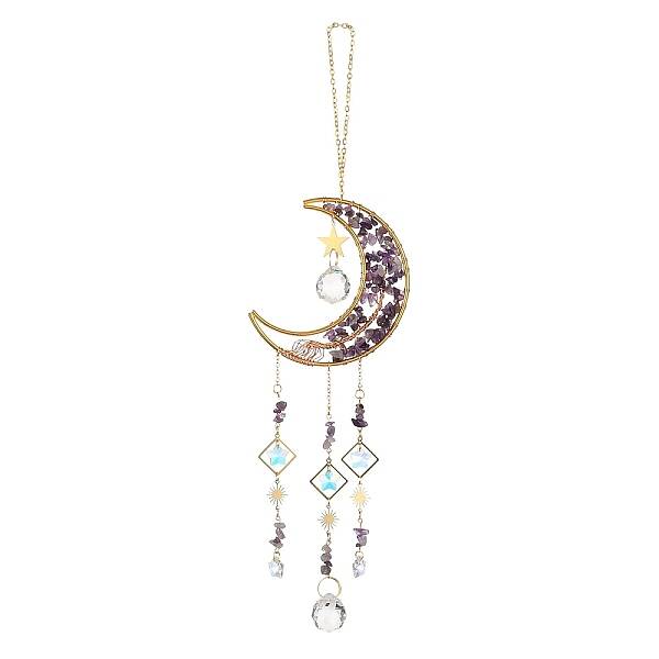 Natural Amethyst Chip & Brass Moon Hanging Suncatcher Pendant Decoration
