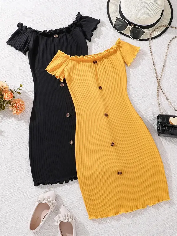 Girl's Solid Lettuce Trim Frill Trim Off Shoulder Ribbed Dress, Casual Fake Buttons  Dress for Summer, Kids Clothes for Daily...