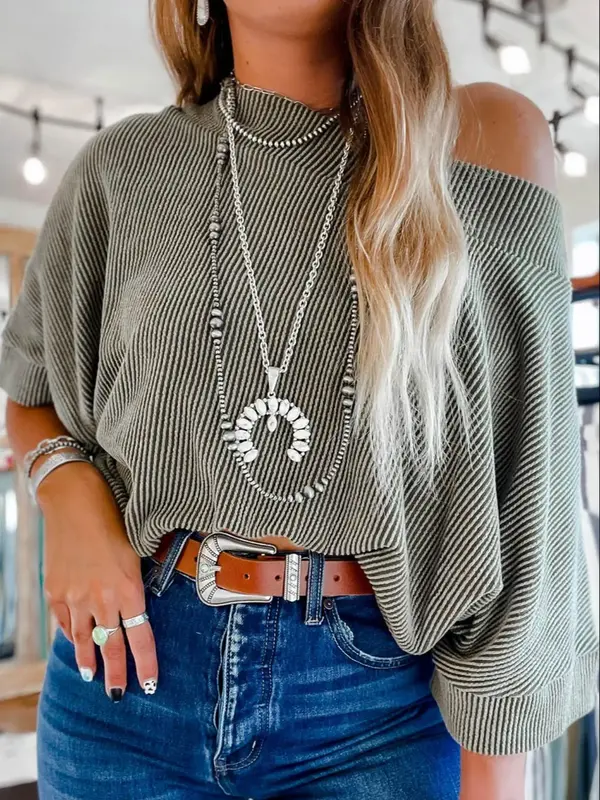 Women's Striped Print Scoop Neck Batwing Sleeve Oversize Blouse, Casual Half Sleeve Top for All Seasons, Women's Clothing for...