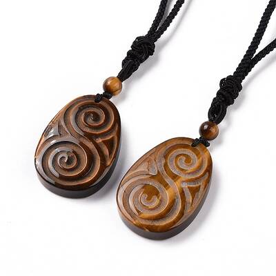 Adjustable Natural Tiger Eye Teardrop with Spiral Pendant Necklace with Nylon Cord for Women