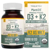 Organic Plant D3 + K2 Capsules - 5000 IU D3 + 120 mcg K2 (MenaQ7) - Whole Food, Vegan - Enhanced Digestion with Prebiotic Sup...