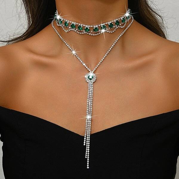 Brass Full Rhinestone Flat Round Tassel Y Necklaces for Women