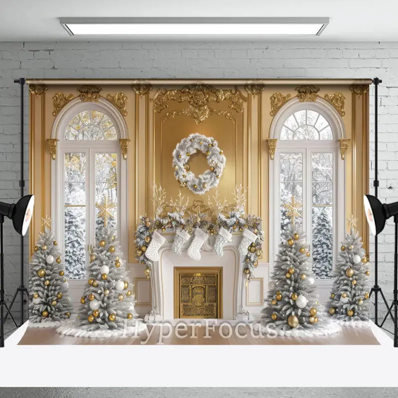 Gold White Window Fireplace Tree Christmas Backdrop - Aperturee