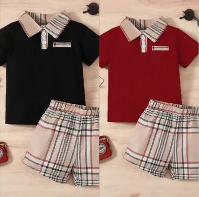 Ready Stock 18m-6y Kids Clothes Short Sleeve Patchwork Lapel Shirt Elastic Plaid Short Set 2Pcs Casual Outfit 224041622 Polo ...