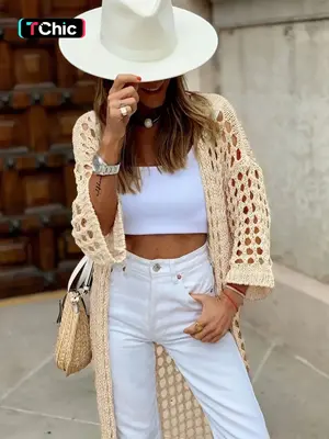 Women's Solid Hollow Out Sheer Open Front Long Cardigan, Casual Drop Shoulder Long Sleeve Cardigan, Ladies Knitwear for Sprin...