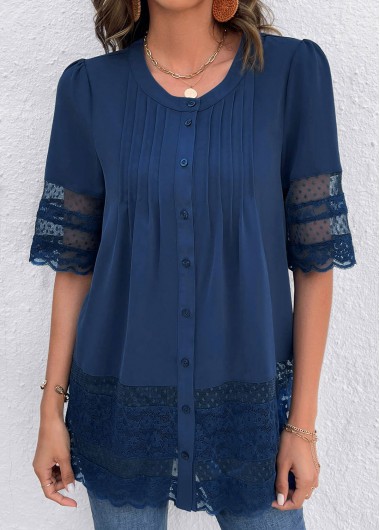 Modlily Blue Lace 3/4 Sleeve Round Neck Blouse - M