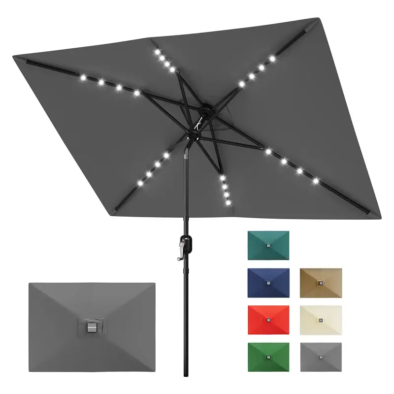 Garvee Solar Powered LED Patio Umbrella - 10' x 6.5' Outdoor Market Table Parasol with Lights - Crank and Tilt, 6 Sturdy Ribs...
