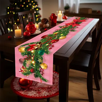 Cedar Bells Balls Pink Plaid Christmas Table Runner - Aperturee