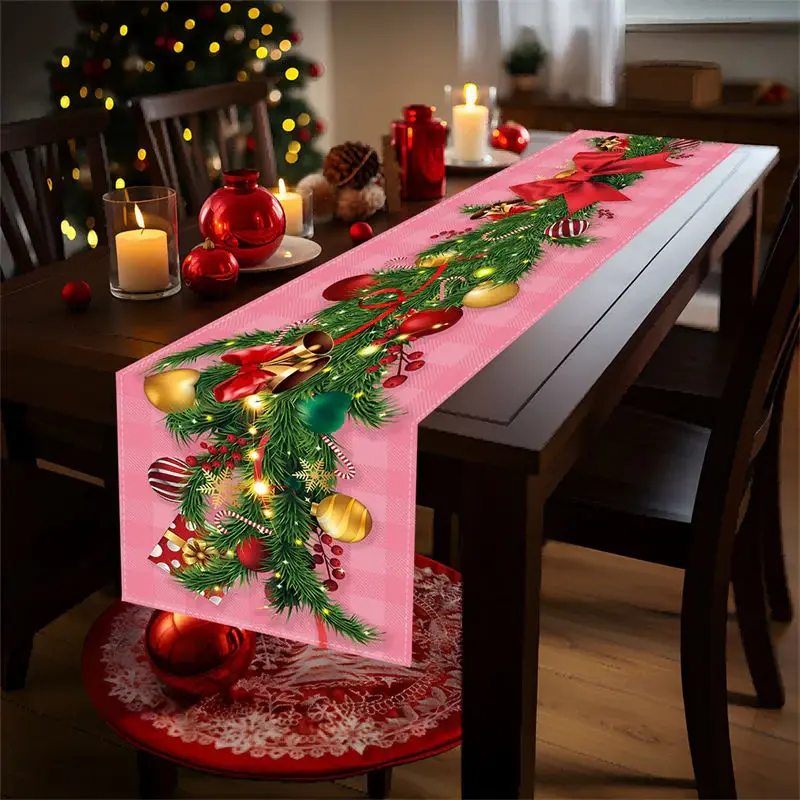 Cedar Bells Balls Pink Plaid Christmas Table Runner - Aperturee