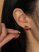 Cute Cherry Design Stud Earrings, Fashionable Rhinestone Decor Jewelry for Women, Trendy All-match & Exquisite Jewelry for Bi...