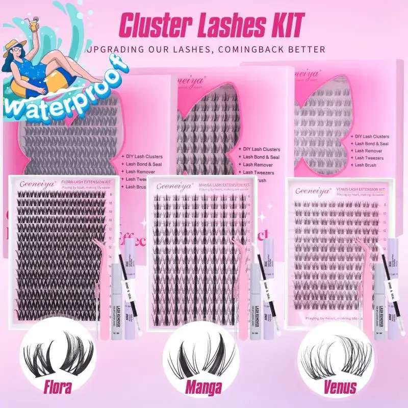 Geeneiya Lashes Waterproof DIY Lash Extension Kit, 8-18MM Wispy Lash Clusters Kit, Ultra-thin Soft Band Eyelash Extension Kit...