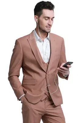 Peach Men's Slim Fit Wedding Suit with Peak Lapel Vest