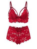 【Plus Size】 Women's Bow Decor Lace Bra & Scallop Trim Brief Boxer Set, Adjustable Strap Push Up Lingerie & Sheer Panty, S...
