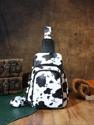 2025 Summer Cow Pattern Zipper Bum Bag for Men Vacation Beach, Unique Bags, Travel Essentials, Trendy Retro Casual Sling Fann...