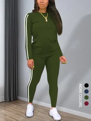 Women's Striped Print Long Sleeve Top & Pants Two-piece Set, Casual Fashion Cozy Round Neck Top & Trousers for Daily Outdoor ...