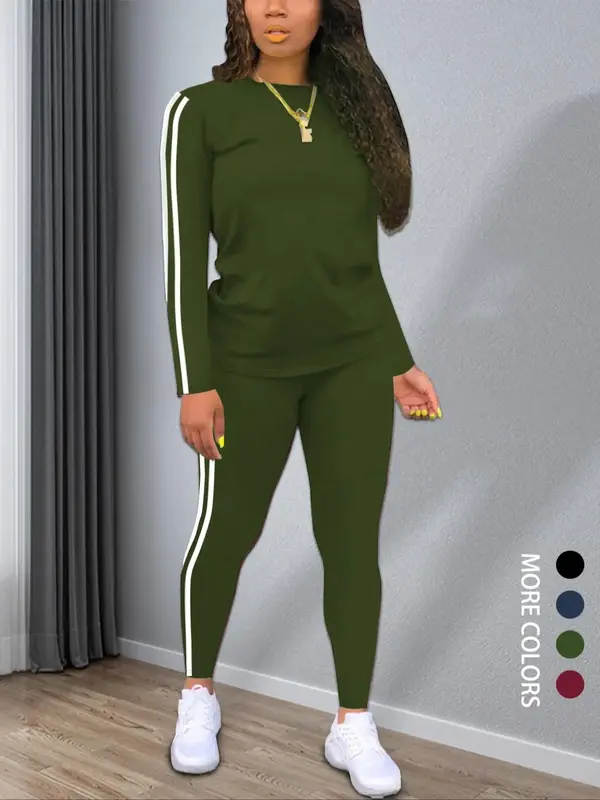 Women's Striped Print Long Sleeve Top & Pants Two-piece Set, Casual Fashion Cozy Round Neck Top & Trousers for Daily Outdoor ...