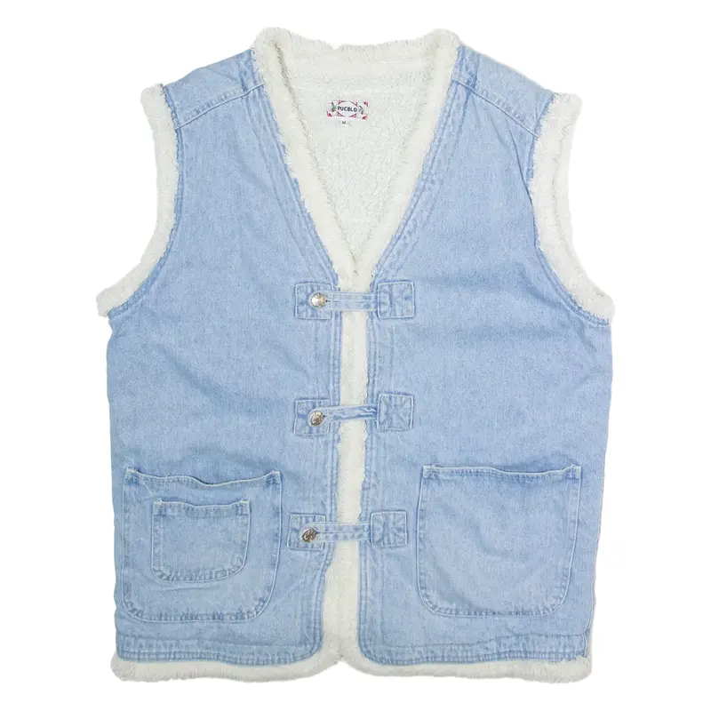 PUEBLO Mens Sherpa Lined Denim Waistcoat Blue 90s M