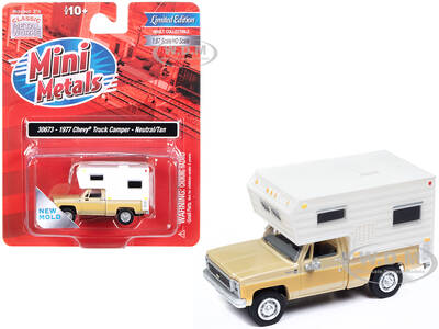 1977 Chevrolet Fleetside Pickup Truck with Camper Beige Metallic and Tan Mini Metals Series 1/87 (HO) Scale Model Car by Clas...