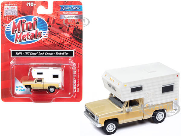 1977 Chevrolet Fleetside Pickup Truck with Camper Beige Metallic and Tan Mini Metals Series 1/87 (HO) Scale Model Car by Clas...