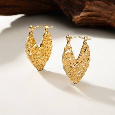 304 Stainless Steel Textured Leaf Hoop Earrings for Women