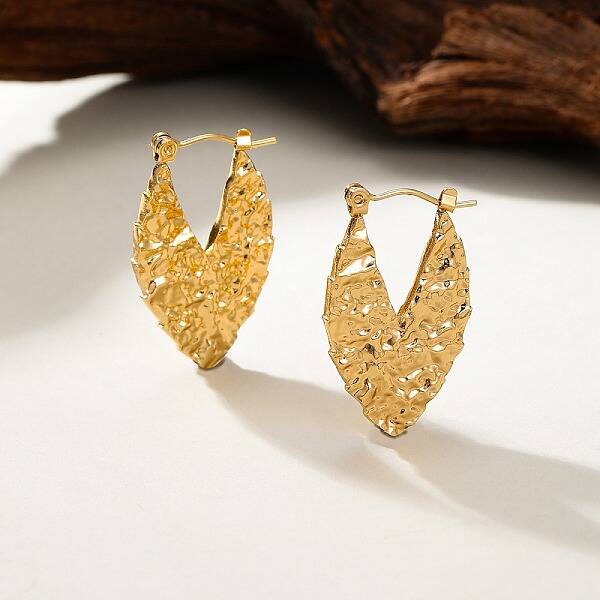 304 Stainless Steel Textured Leaf Hoop Earrings for Women