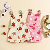 Little Girl Denim Overalls Flower/Strawberry Print Jeans Overalls Strap Suspender Shorts Outfit Pink Summer Clothing Set Todd...