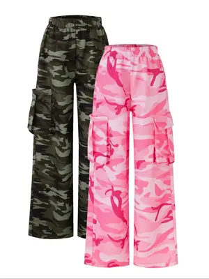 Girl's Camo Print Cargo Pants, Casual Elastic Waist Trousers for Spring & Fall, Children Kids Bottoms for Daily Wear
