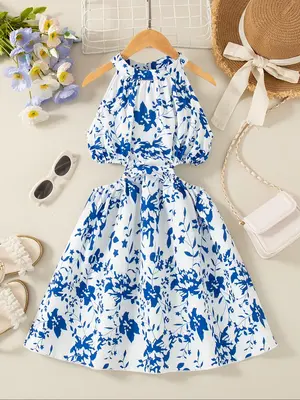 Girl's Floral Print Cut Out Dress, Casual Sleeveless Dress for Summer, Kids Clothes for Daily Wear