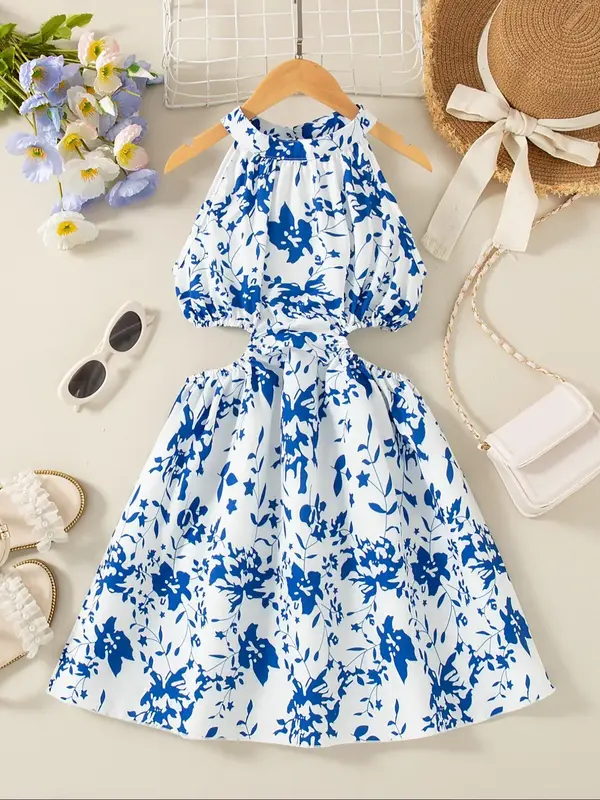 Girl's  Floral Print Cut Out Dress, Casual Sleeveless Dress for Summer, Kids Clothes for Daily Wear