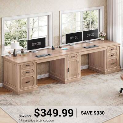 SEDETA ® 110.3 Inch Vintage Long Computer Desk Farmhouse Two Person Desk with Printer Stand Power Outlets Storage Cabinet 7 ...