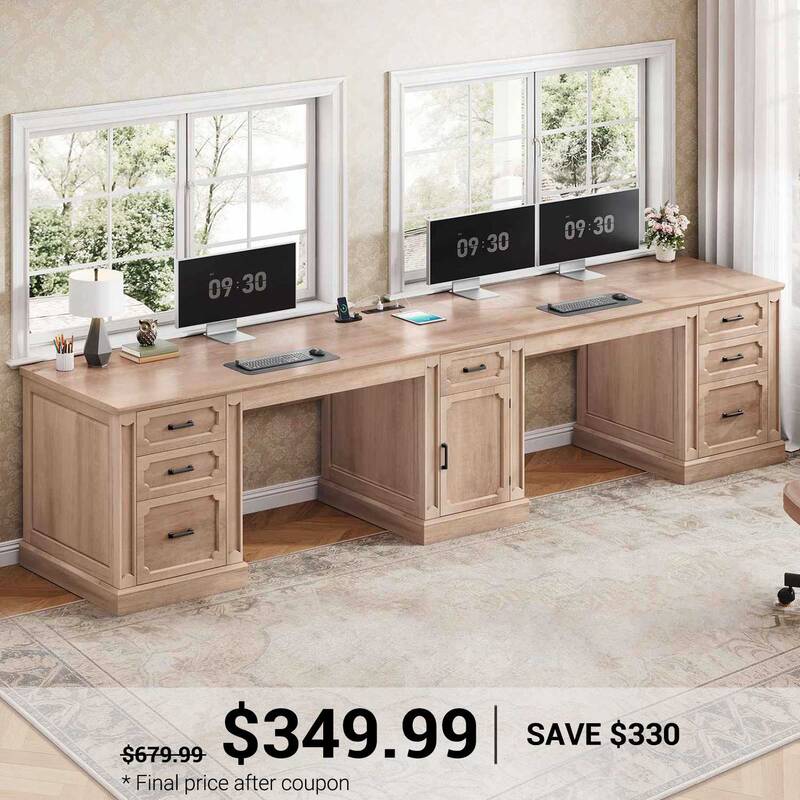 SEDETA ® 110.3 Inch Vintage Long Computer Desk Farmhouse Two Person Desk with Printer Stand Power Outlets Storage Cabinet 7 ...