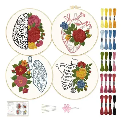 Heart & Flower Pattern Embroidery Kit, 4 Counts/set Embroidery Kit with Random Color Tools, DIY Embroidery Crafts Kit for Hom...