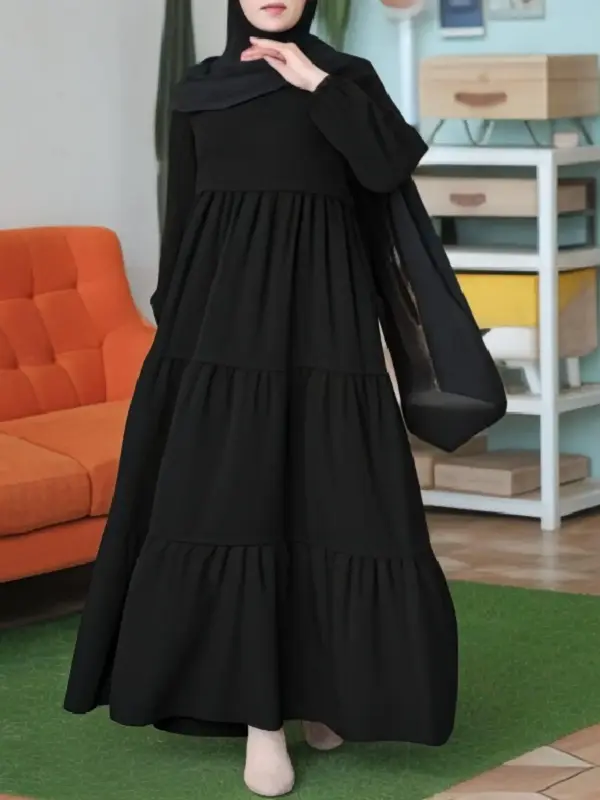 Women's Plain Ruffle Hem Arabian Dress, Modest Bishop Sleeve Keyhole Back Long Dress for Party Wedding Guest, Ladies Fall & W...