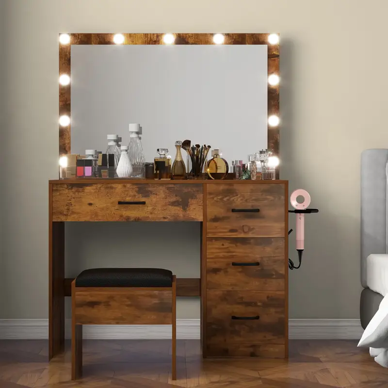 Yitahome Makeup Vanity Desk with Large Lighted Mirror Power Outlet LED Strip, 3 Color Lighting Modes with Adjustable Brightne...