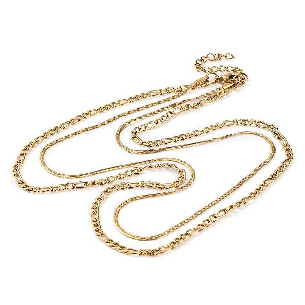 304 Stainless Steel Double Layer Figaro Chain & Herringbone Chain Necklaces for Women