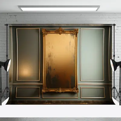 Golden Picture Frame Dark Green Retro Wall Backdrop - Aperturee