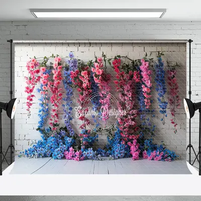 White Bricks Wall Blue Pink Vine Floral Backdrop - Aperturee
