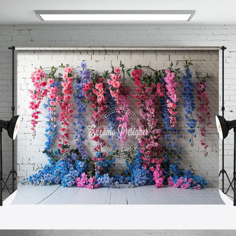 White Bricks Wall Blue Pink Vine Floral Backdrop - Aperturee
