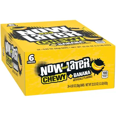 Now and Later, Banana, Original Taffy Chews Candy, 0.93 Bar, 22.32 Ounce (Pack of 24) Snack Bite Flavor Artificial Fruit Chew...