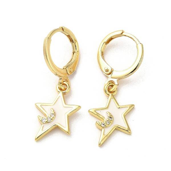 Star & Moon Real 18K Gold Plated Brass Dangle Leverback Earrings