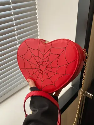 Fashion Spider Web Pattern Heart Shaped Crossbody Bag, Casual Zipper Shoulder Bag for Women & Girls, Casual  Versatile Commut...