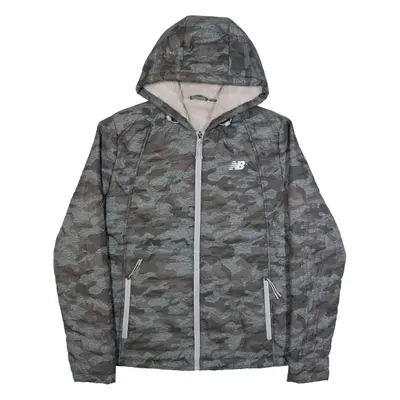 NEW BALANCE Fleece Lined Mens Puffer Jacket Grey Hooded Camouflage L