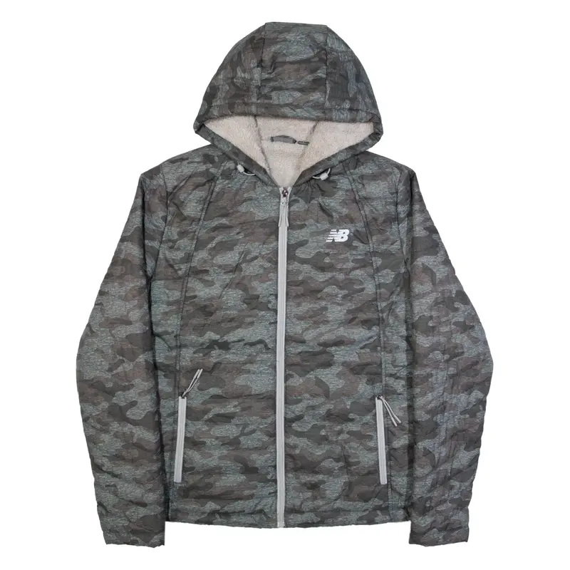 NEW BALANCE Fleece Lined Mens Puffer Jacket Grey Hooded Camouflage L