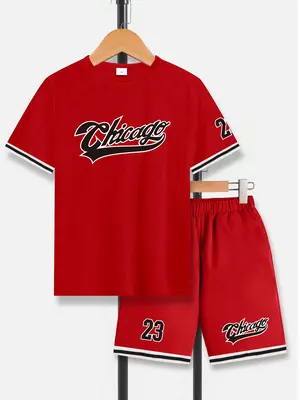 Ready Stock Summer Outfits For Kid Boy Casual Breathable Chicago Graphis Short Sleeve T-Shirt & Sports Shorts 2Pcs Clothing 7...