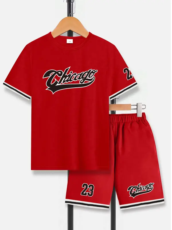 Ready Stock Summer Outfits For Kid Boy Casual Breathable Chicago Graphis Short Sleeve T-Shirt & Sports Shorts 2Pcs Clothing 7...